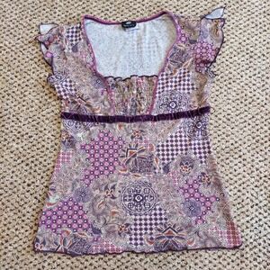 Anxiety Empire Waist Top Velvet Trim Flutter Sleeve S Mixed Print Boho Fairy Y2K